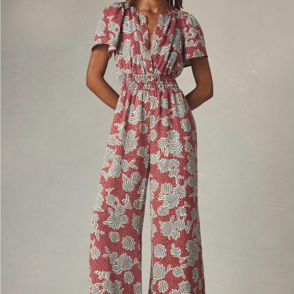 Anthropologie Floral Jumpsuit in Red and Blue